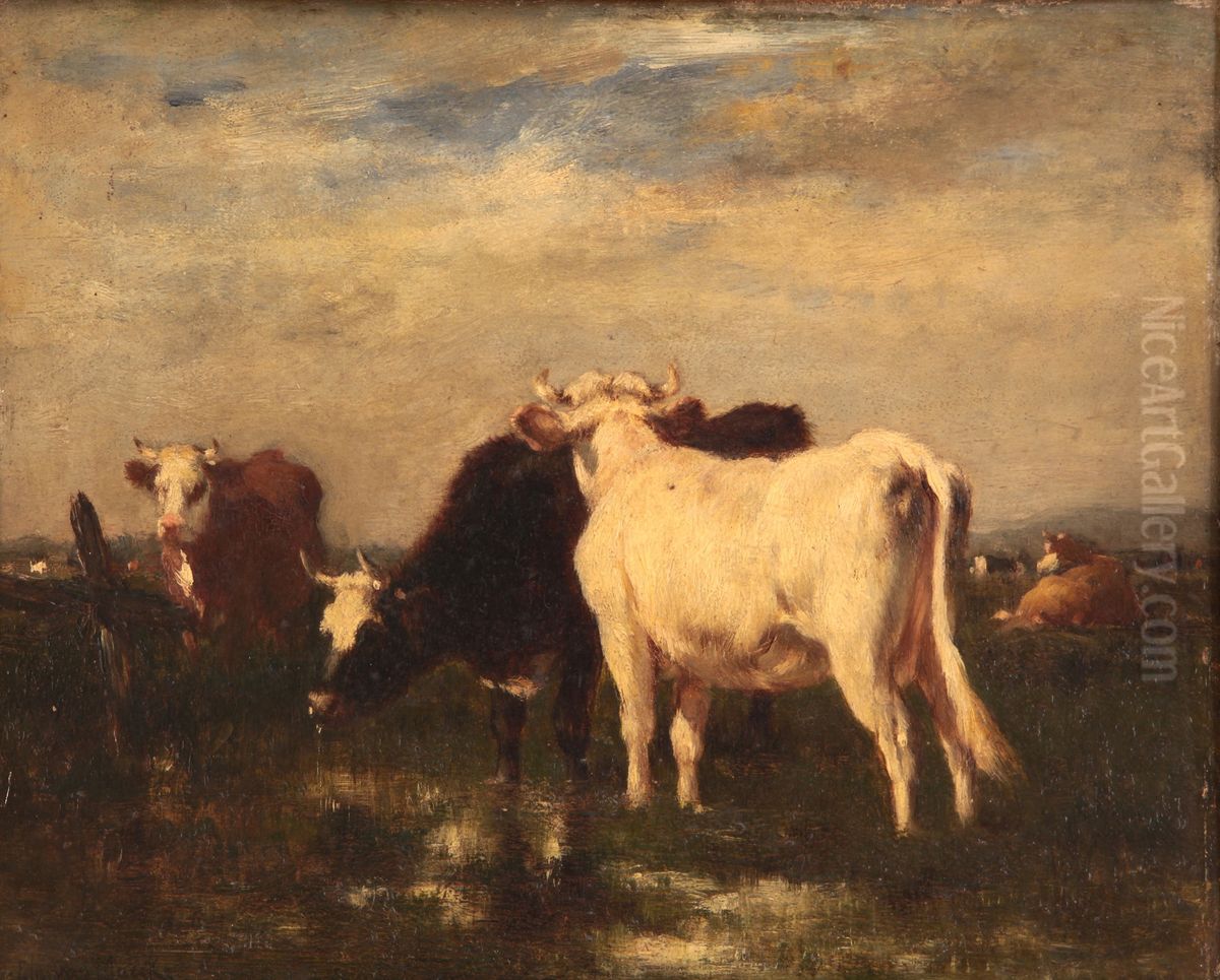 Cows in landscape Oil Painting by Emile Van Marcke De Lumman