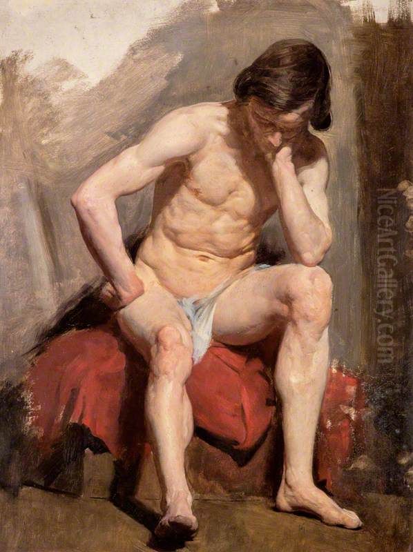 A Life Study of a Seated Nude Male Model Oil Painting by William McTaggart