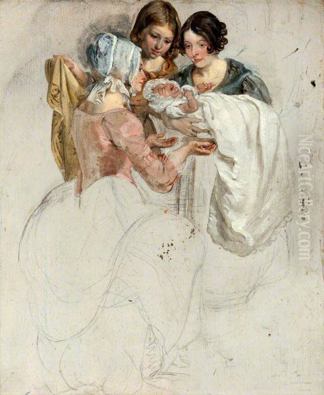 A Girl and Two Women, Standing and Holding a Baby (study for 'The Covenanters' Baptism') Oil Painting by George Harvey