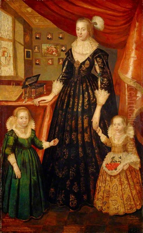 Anne Erskine, Countess of Rothes, d. 1640. Wife of the 6th Earl of Rothes. (With her daughters, Lady Margaret Leslie, 1621 - 1688 and Lady Mary Leslie, b. 1620) Oil Painting by George Jamesone