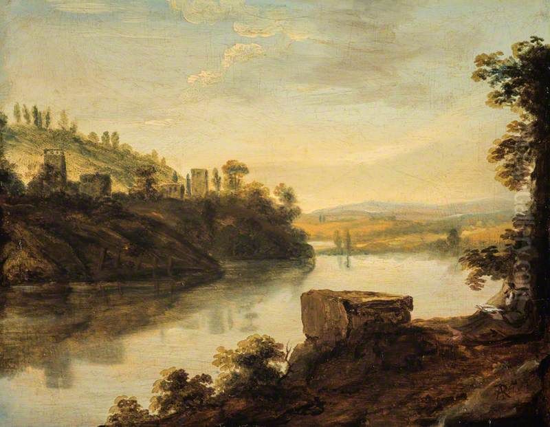 Italian River Landscape with a Hermit Oil Painting by Alexander Runciman
