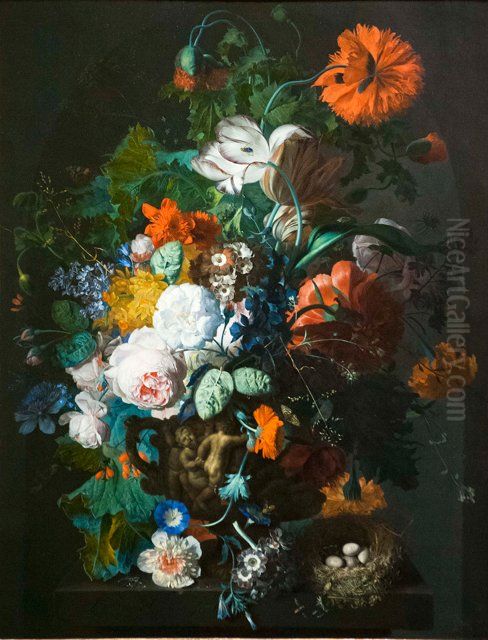Flower Still Life with Bird's Nest Oil Painting by Jan Van Huysum