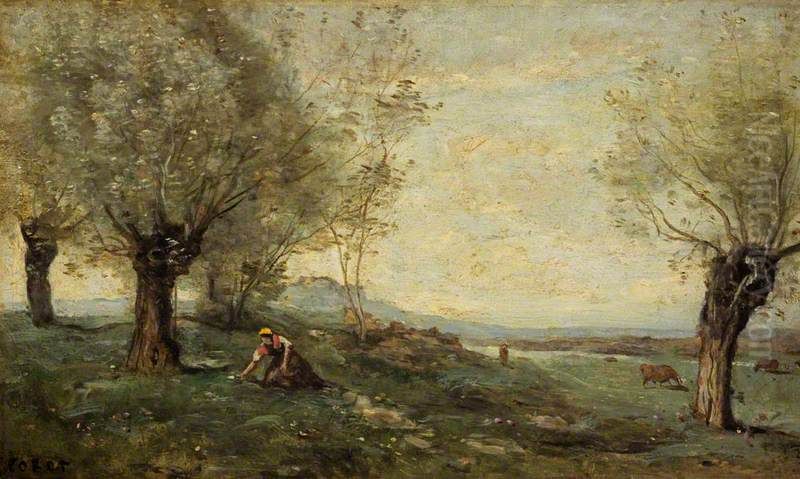 Gathering Primroses Oil Painting by Jean-Baptiste Camille Corot