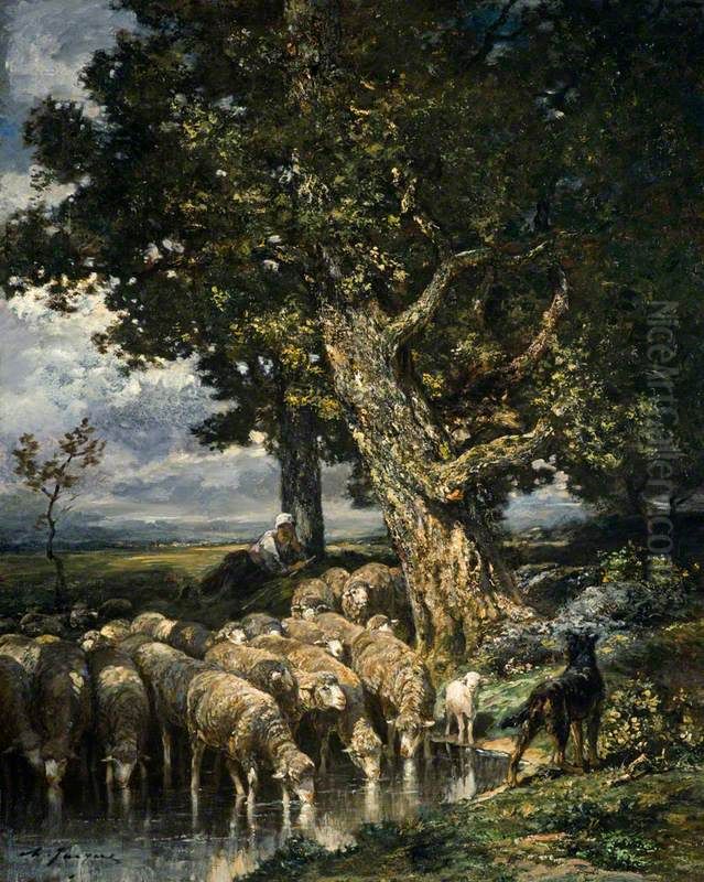 Sheep at a Watering Place Oil Painting by Charles Jacque