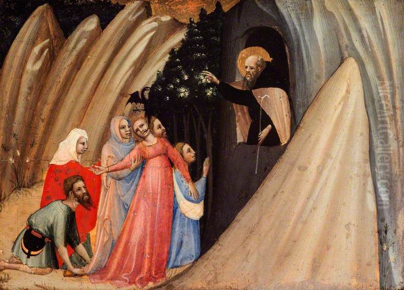 Saint Anthony Abbot Exorcising a Woman Possessed by the Devil Oil Painting by Battista Di Biagio Sanguigni