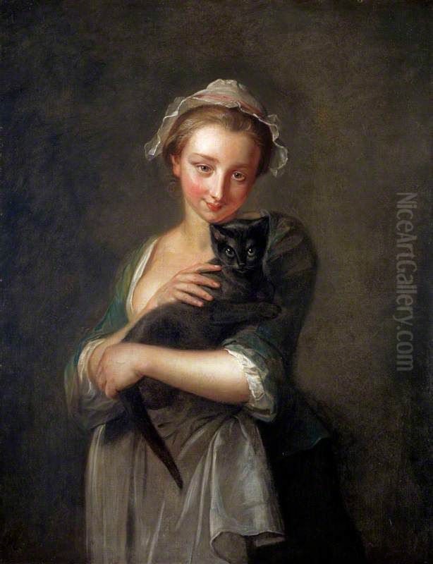 A Girl Holding a Cat Oil Painting by Philippe Mercier