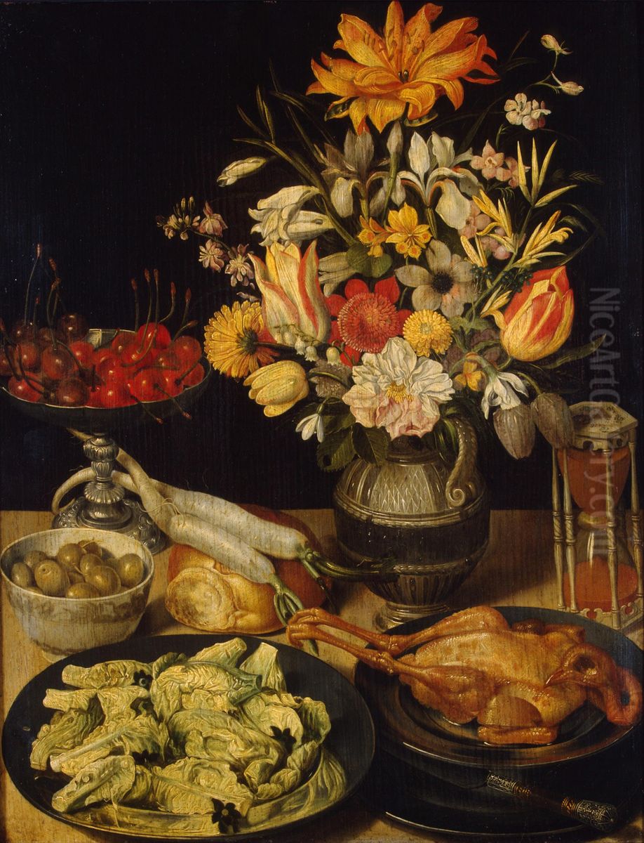 Still Life with Flowers and Snacks Oil Painting by Georg Flegel