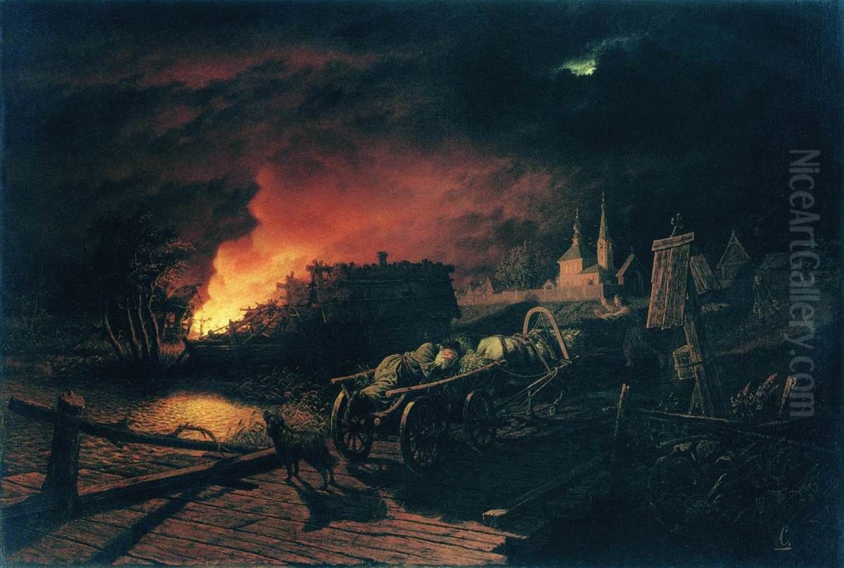 Fire in the Village at Night Oil Painting by Leonid Solomatkin