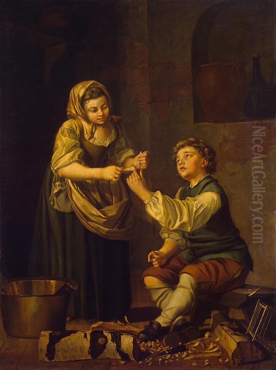 Children Bandaging a Finger Oil Painting by Pehr Hillestrom
