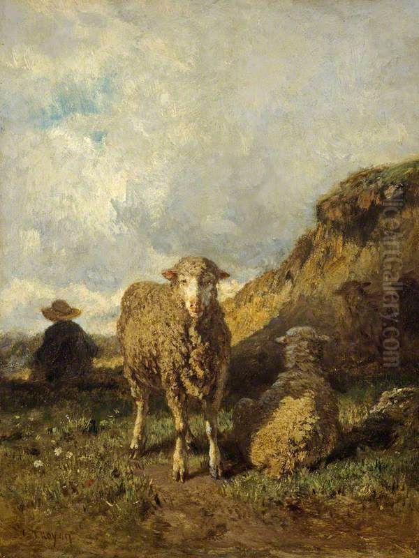 Sheep and Shepherd Oil Painting by Constant Troyon