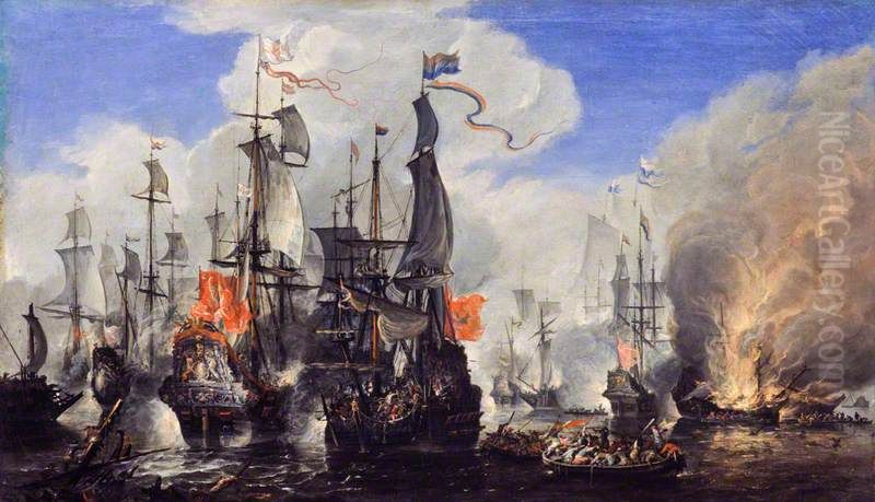 An Engagement between the English and the Dutch Fleets Oil Painting by Hendrik van Minderhout