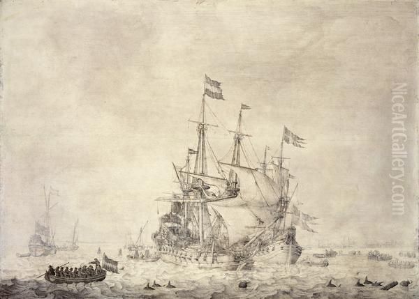 A Sea-piece with a Dutch Merchant Ship and a Swedish Flute Oil Painting by Willem van de, the Elder Velde