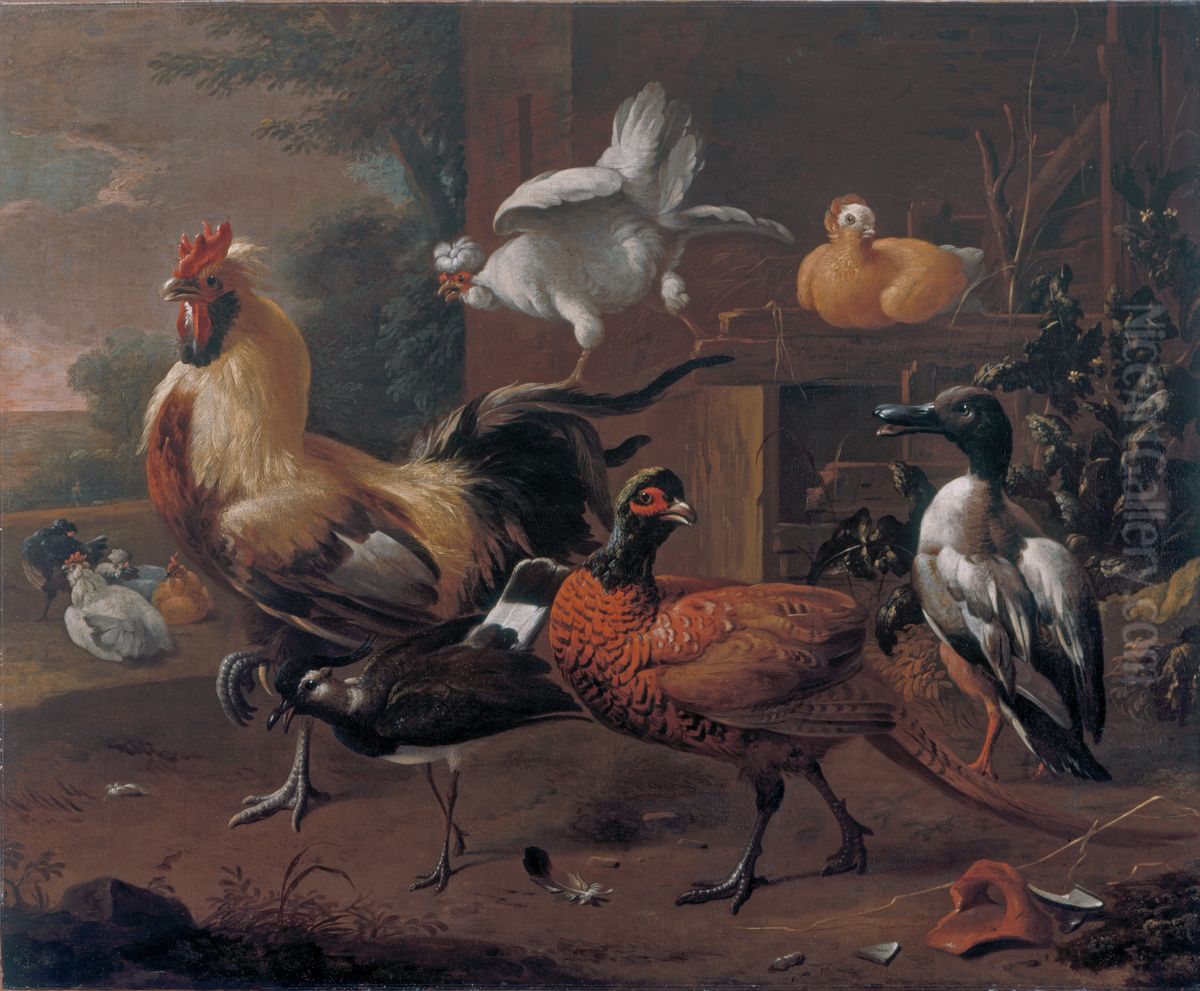 Poultry Yard Oil Painting by Melchior D'Hondecoeter