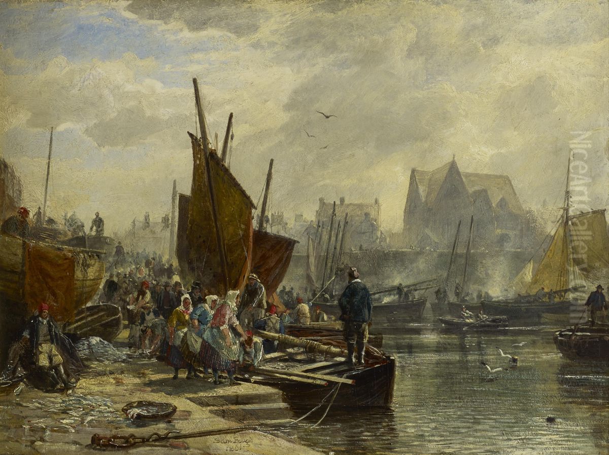 Unloading the Catch, Newhaven Oil Painting by Samuel Bough
