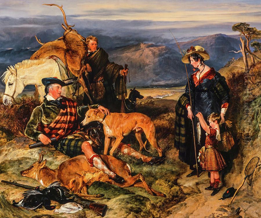Scene in the Highlands, with portraits of the Duchess of Bedford, the Duke of Gordon and Lord Alexander Russell Oil Painting by Sir Edwin Henry Landseer