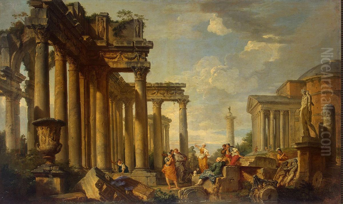 St Sibyl's Sermon in Roman Ruins with the Statue of Apollo Oil Painting by Giovanni Paolo Panini