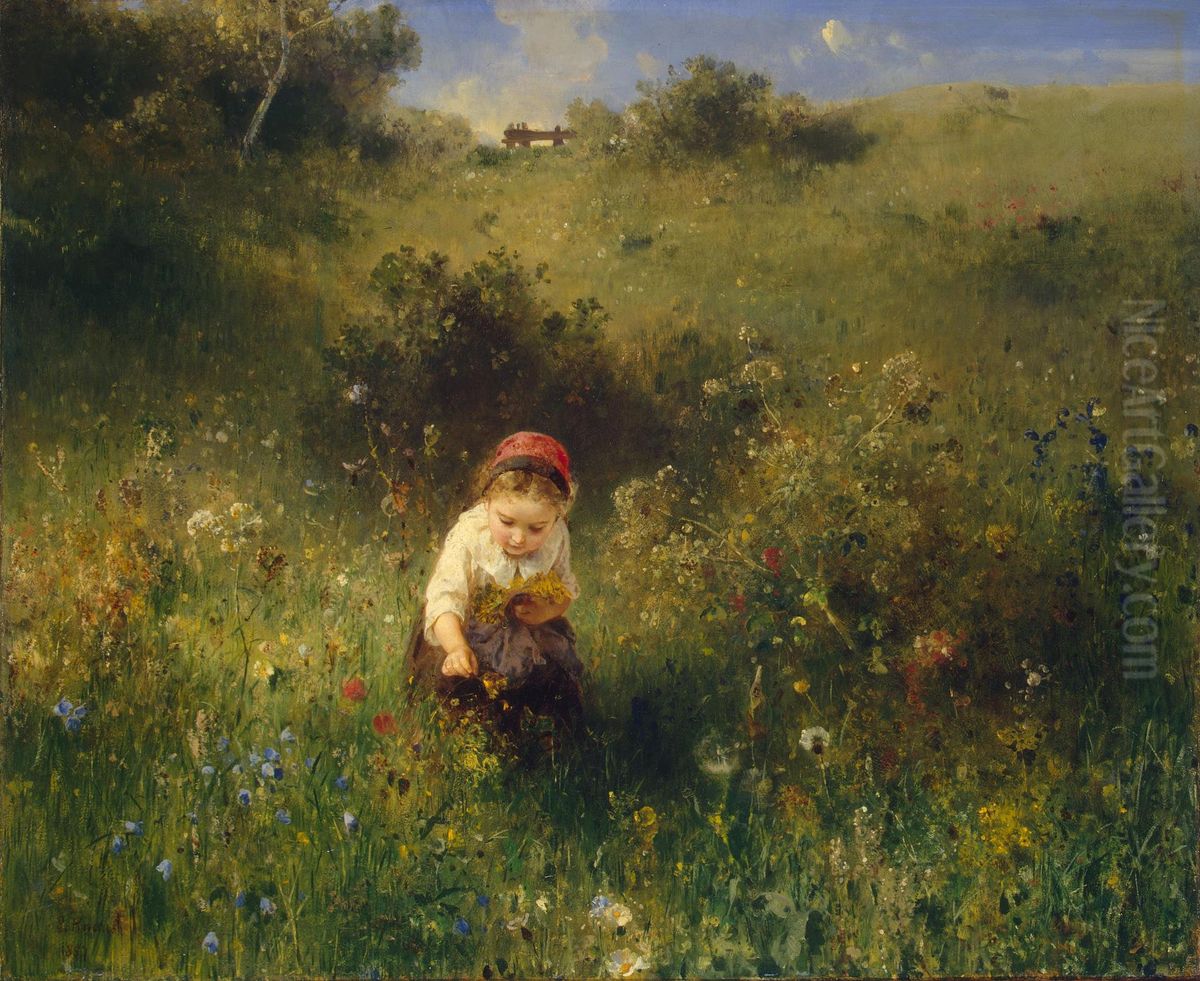 Girl in a Field Oil Painting by Ludwig Knaus
