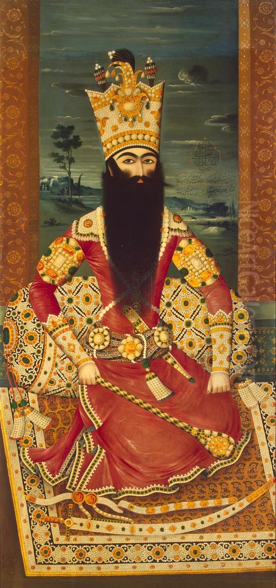 Portrait of Fath Ali Shah Seated Oil Painting by Mihr 'Ali