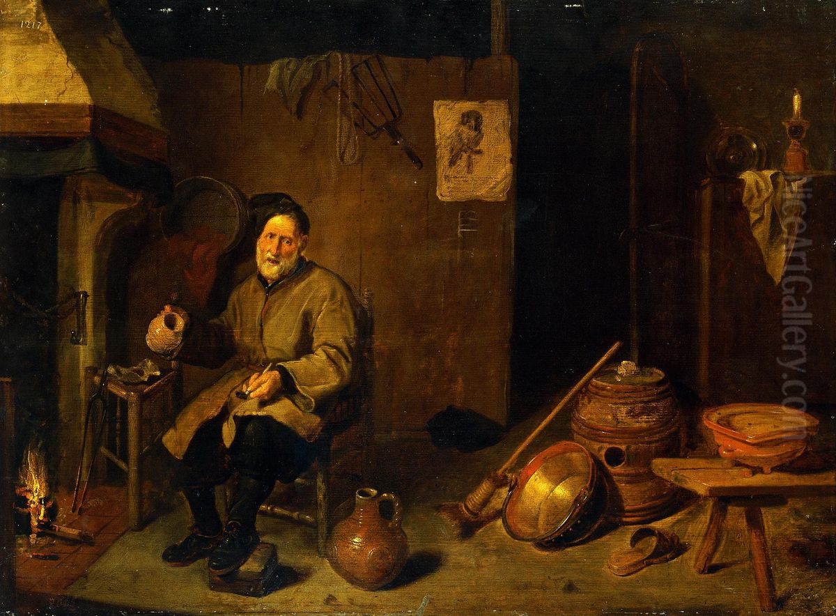 Peasant Seated by a Hearth with an Empty Mug Oil Painting by Quirijn van Brekelenkam