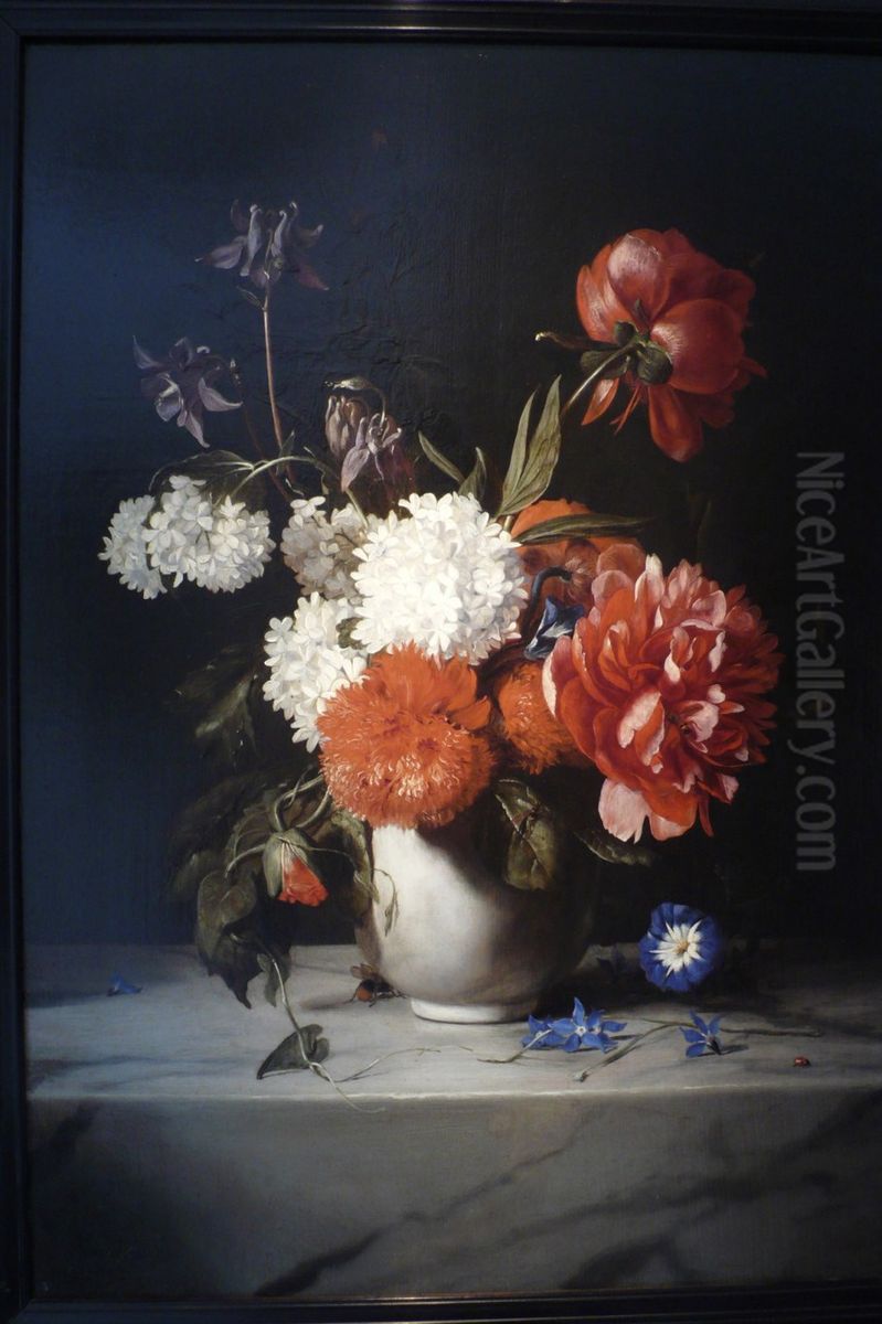 Flowers in a White Stone Vase Oil Painting by Dirck de Bray