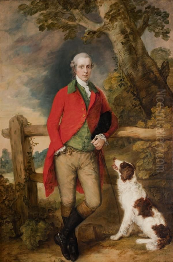 Portrait of Robert Thistlethwayte of Norman Court, standing full-length, wearing a red coat, green waistcoat and buff breaches, holding a can, leaning against a fence, a spaniel by his side Oil Painting by Thomas Gainsborough