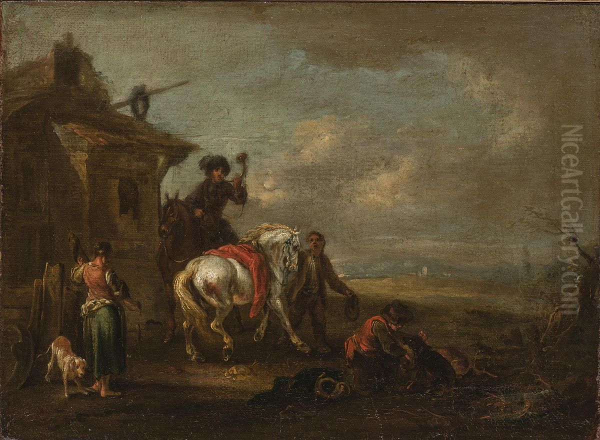 Hunters by a Tavern Oil Painting by August Querfurt