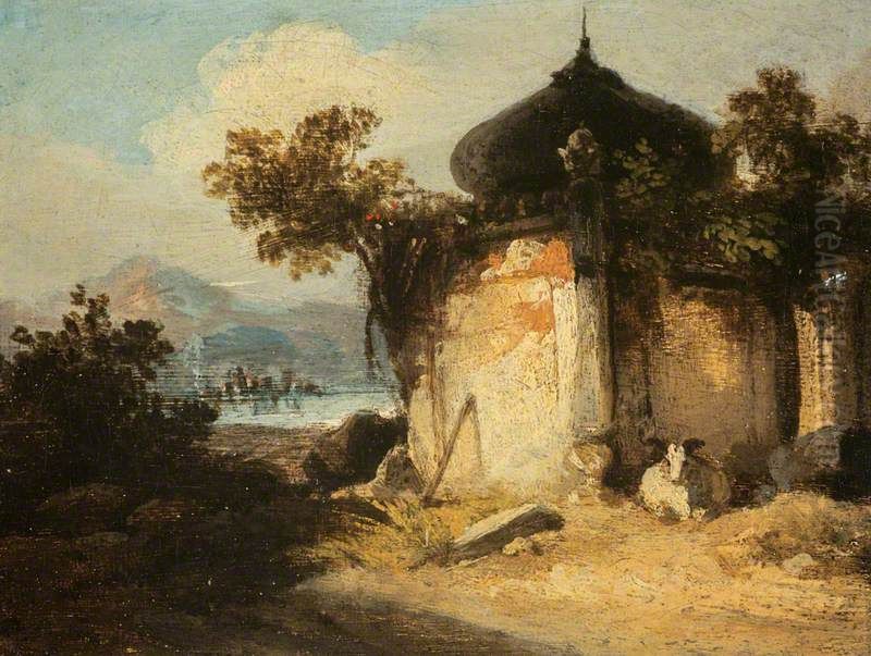 Bengal landscape with a Hindu Shrine or Tomb Oil Painting by George Chinnery