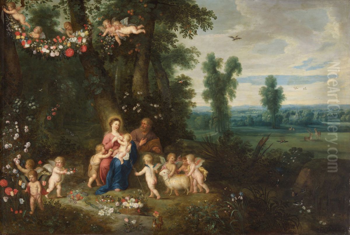 Heilige Familie mit Johannesknaben und Engeln Oil Painting by Pieter Van Avont