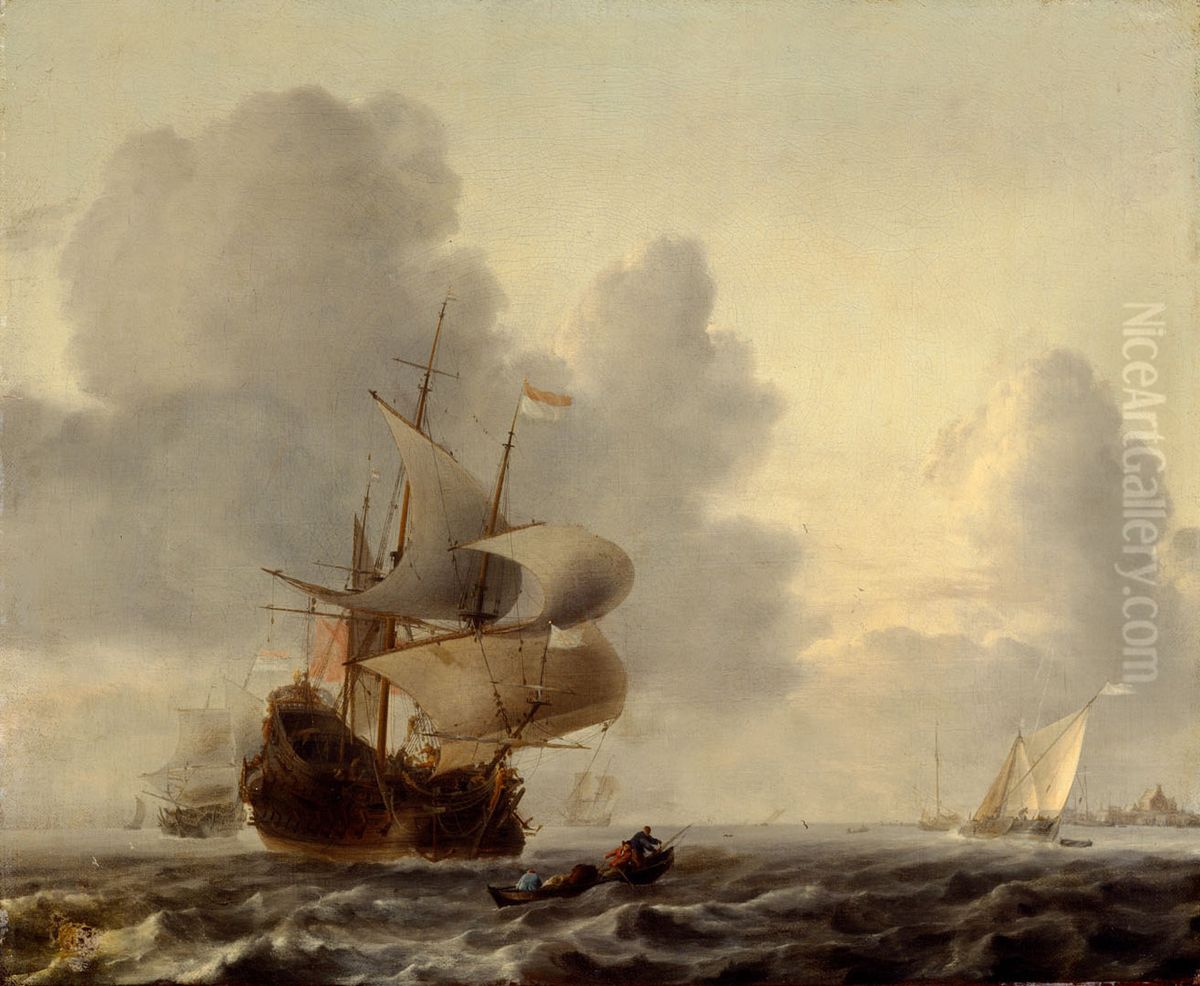 Kriegsschiffe und kleine Schiffe in einer Brise Oil Painting by Ludolf Bakhuizen