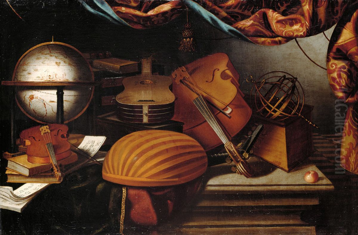 Stilleben mit Musikinstrumenten, Globus und Armillarsphare Oil Painting by Evaristo Baschenis