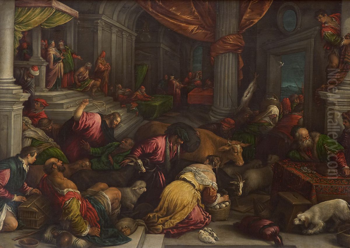 Christus vertreibt die Handler aus dem Tempel Oil Painting by Leandro Bassano