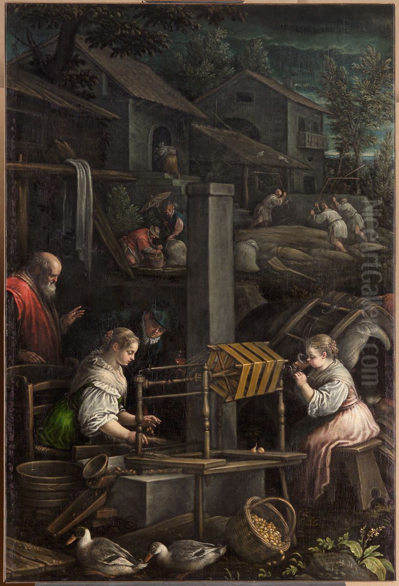 Spinnerei und Weberei (Juli) Oil Painting by Leandro Bassano