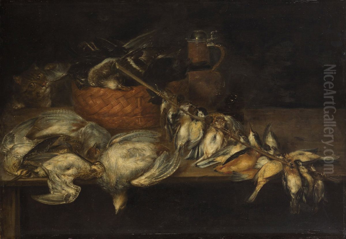 Dead poultry with cat Oil Painting by Alexander Adriaenssen