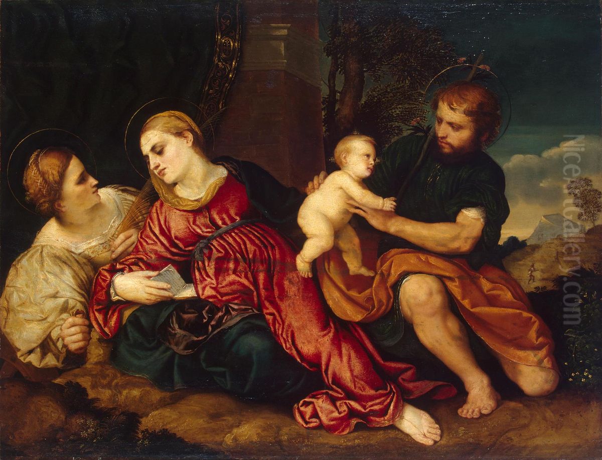 Holy Family with St Catherine Oil Painting by Paris Bordone