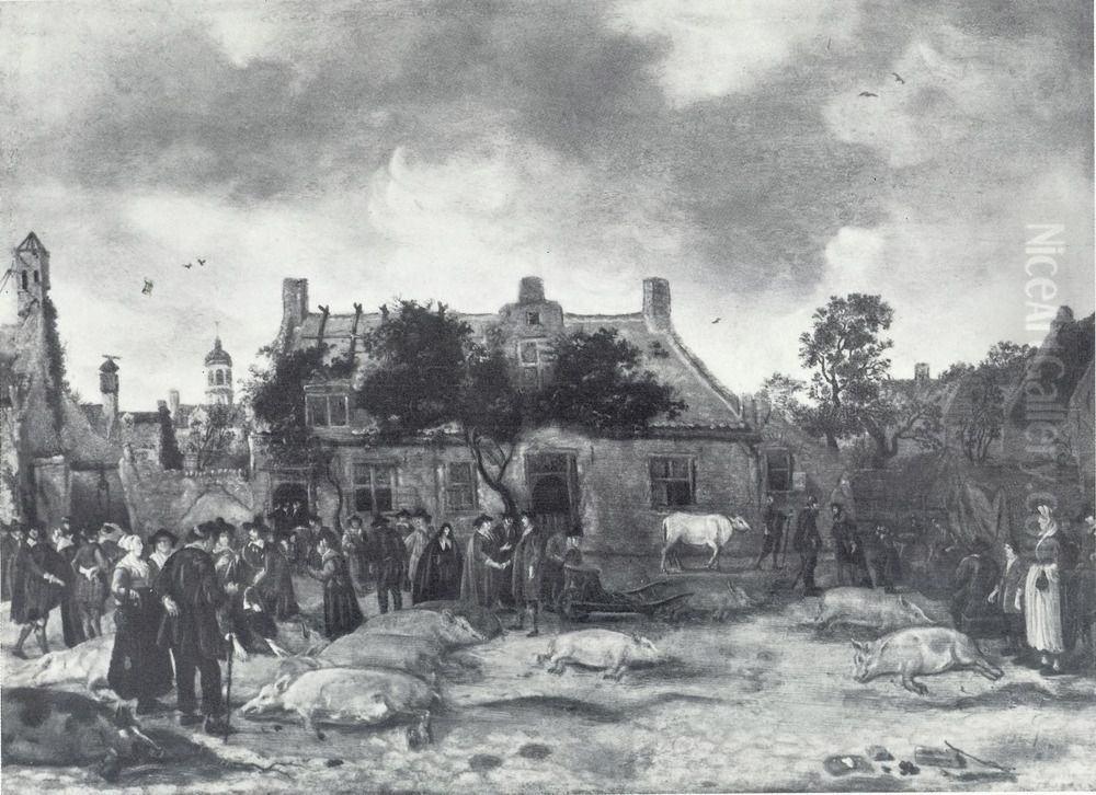 Selling Pigs at the Market in The Hague Oil Painting by Sybrand Van Beest