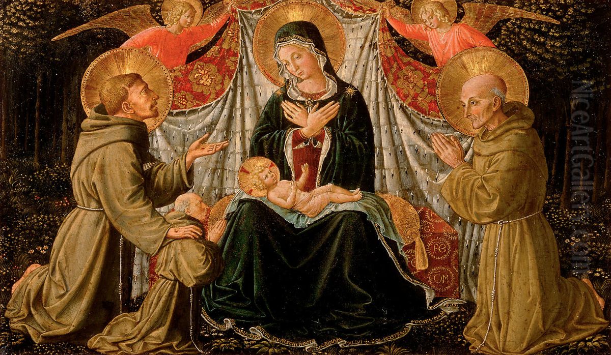 Maria mit Kind, Hl. Franziskus, dem Stifter Fra Jacopo da Montefalco (links) und Hl. Bernardin von Siena (rechts) Oil Painting by Benozzo Gozzoli