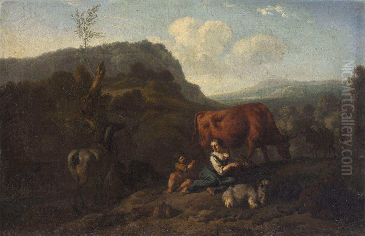 Mountainous landscape with a shepherdess and cows Oil Painting by Dirck van der Bergen