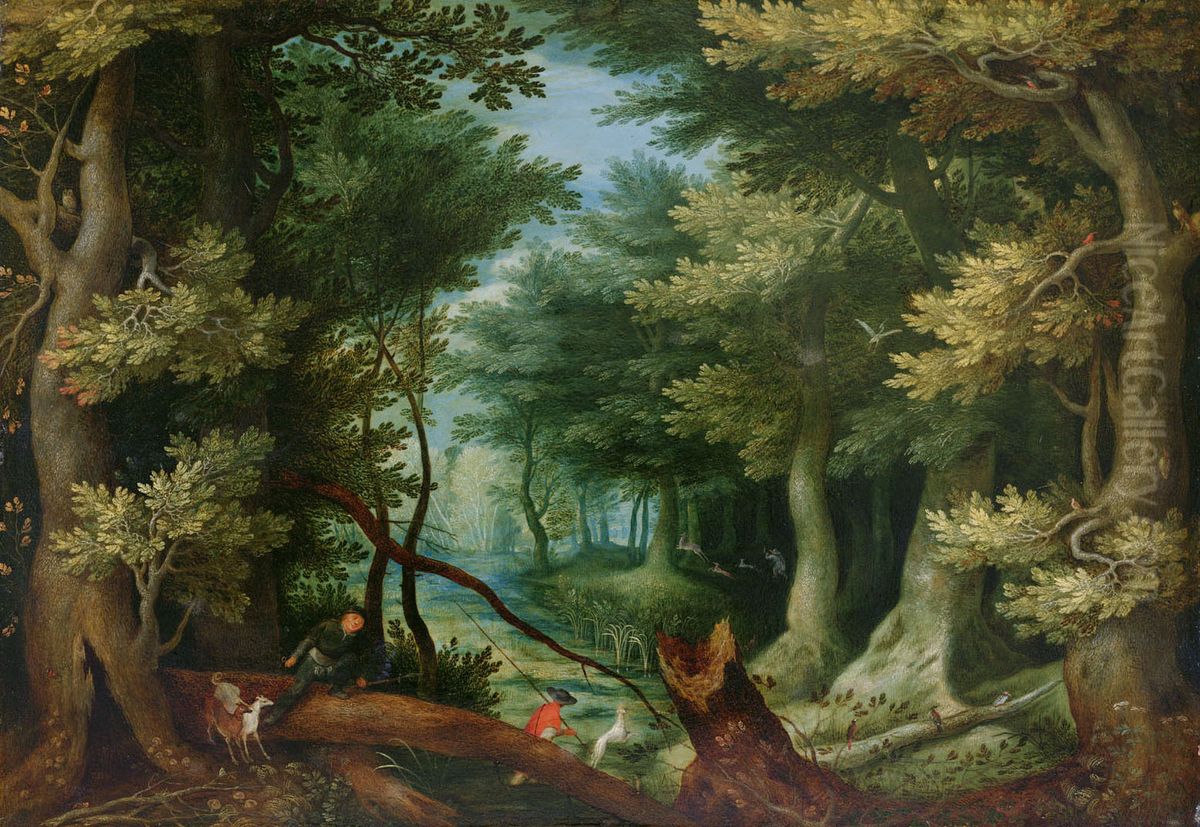 Waldlandschaft mit Hirschjagd Oil Painting by Jan Brughel