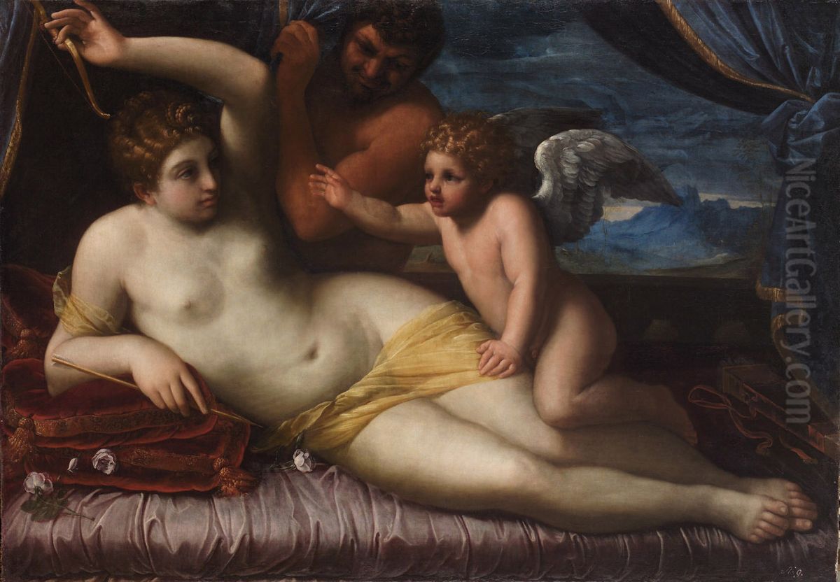 Venus und Amor mit einem Satyr Oil Painting by Agostino Carracci