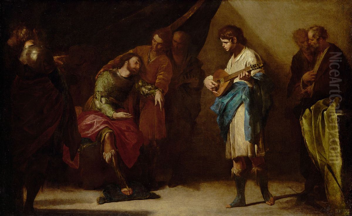 David plays for Saul Oil Painting by Bernardo Cavallino