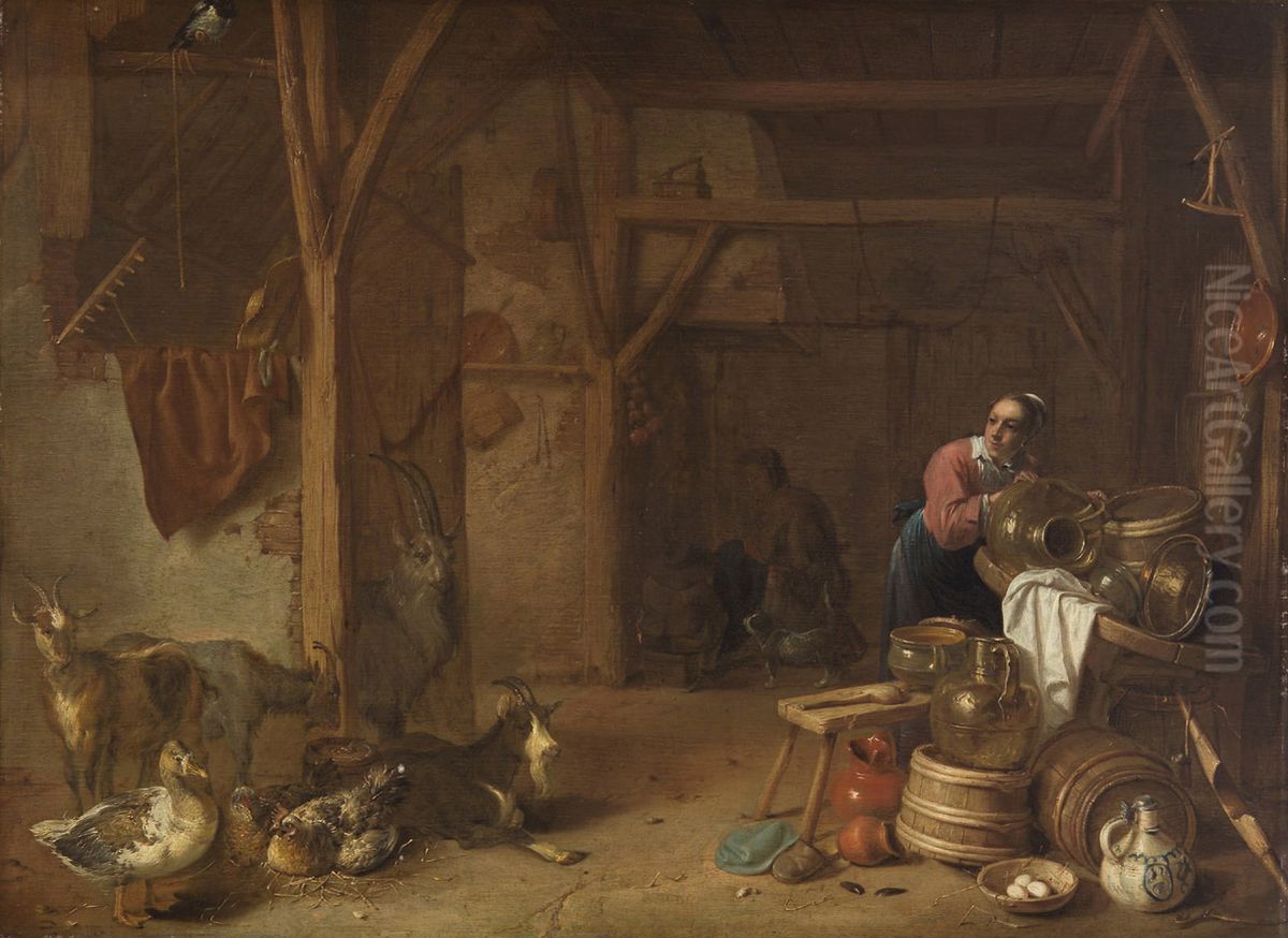 Farmer's interior with a cleaning girl Oil Painting by Cornelis Saftleven