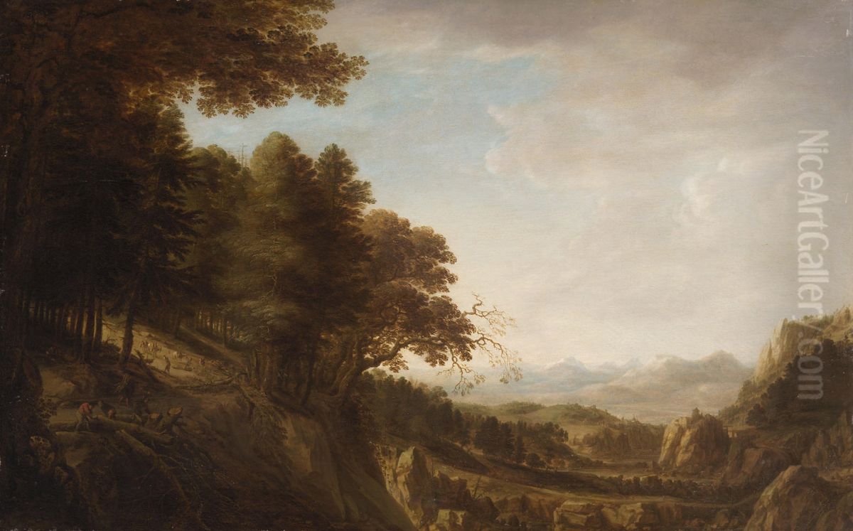 Wooded mountain landscape with lumberjacks Oil Painting by Herman Saftleven