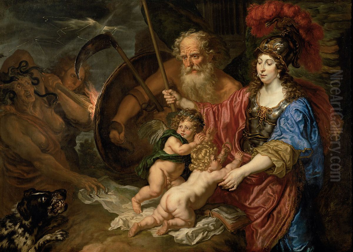 Minerva and Saturn protect Art and Science of envy and falsehood Oil Painting by Joachim von, I Sandrart
