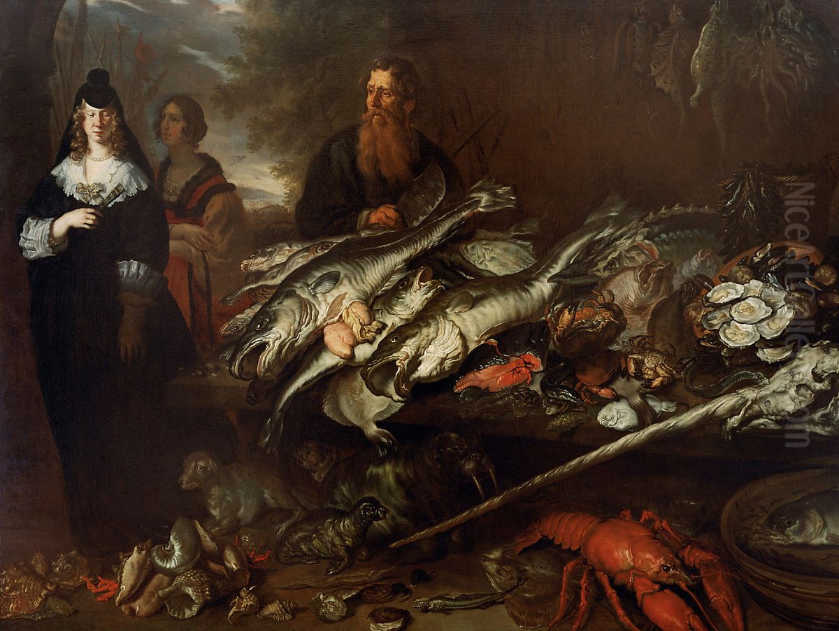 Great Fish Market / Young woman with maid at a fish market with shells and a narwhal Oil Painting by Joachim von, I Sandrart