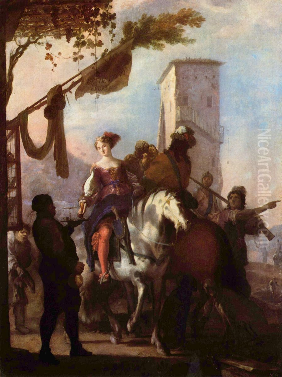 Halt vor dem Gasthaus Oil Painting by Johann Heinrich Schonfeld