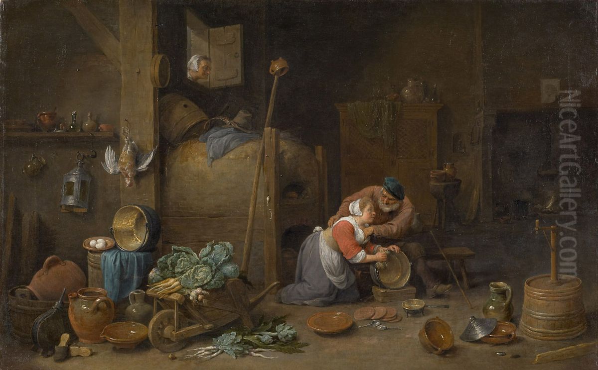 Interior with old man groping a kitchen maid Oil Painting by David Teniers the Younger