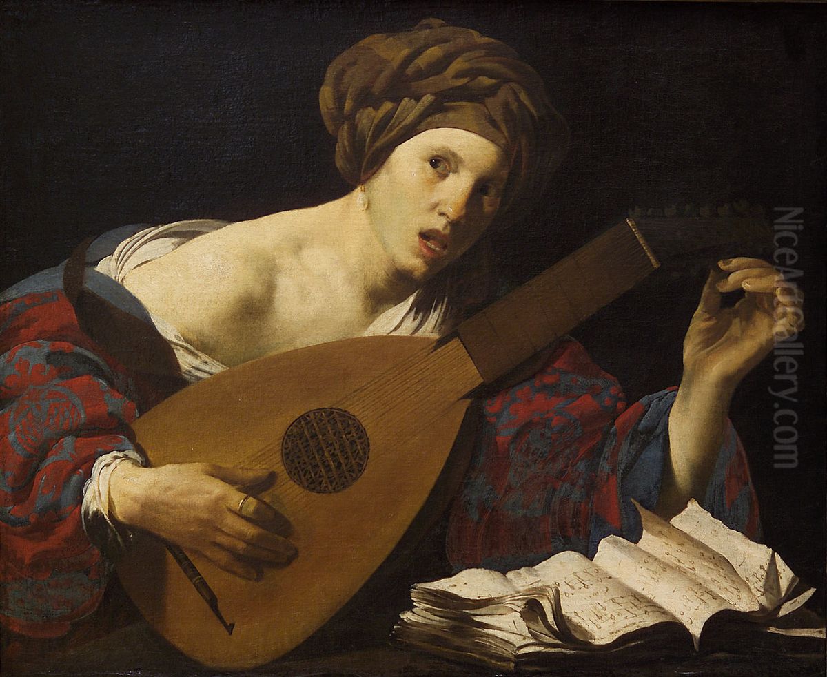 Young Woman Tuning a Lute Oil Painting by Hendrick Ter Brugghen
