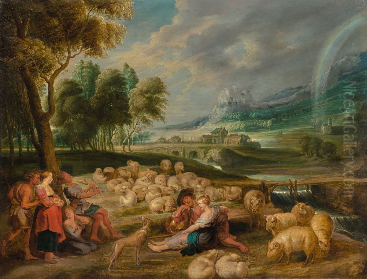 Landscape with a rainbow Oil Painting by Lucas Van Uden