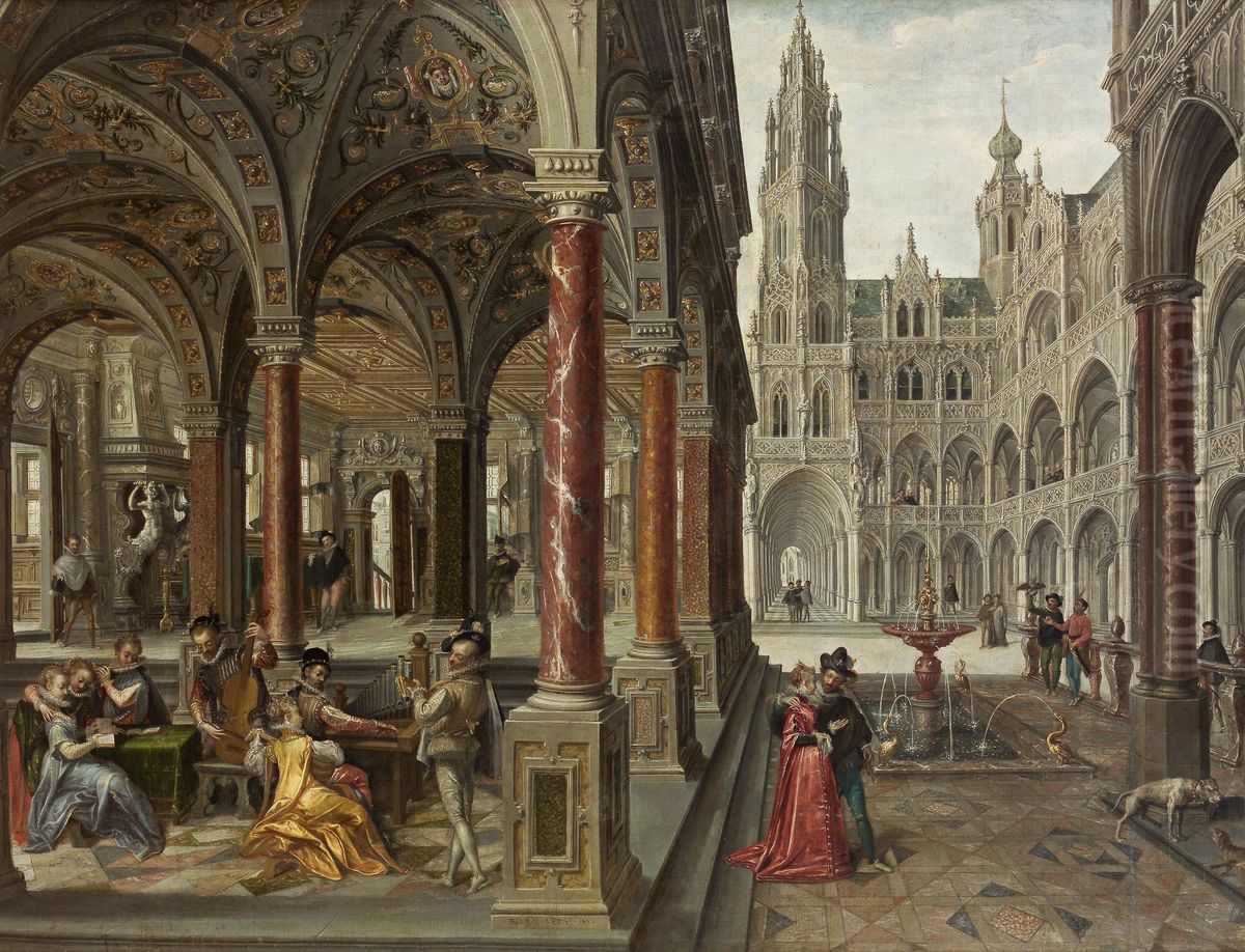 Palace architecture with musicians Oil Painting by Hans Vredeman de Vries