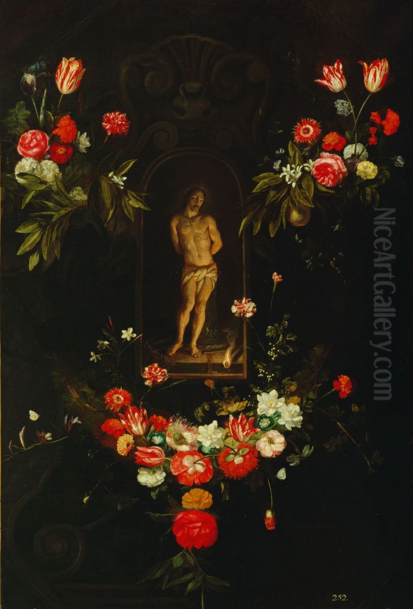 Christ at the column, in a garland of flowers Oil Painting by Frans Ykens